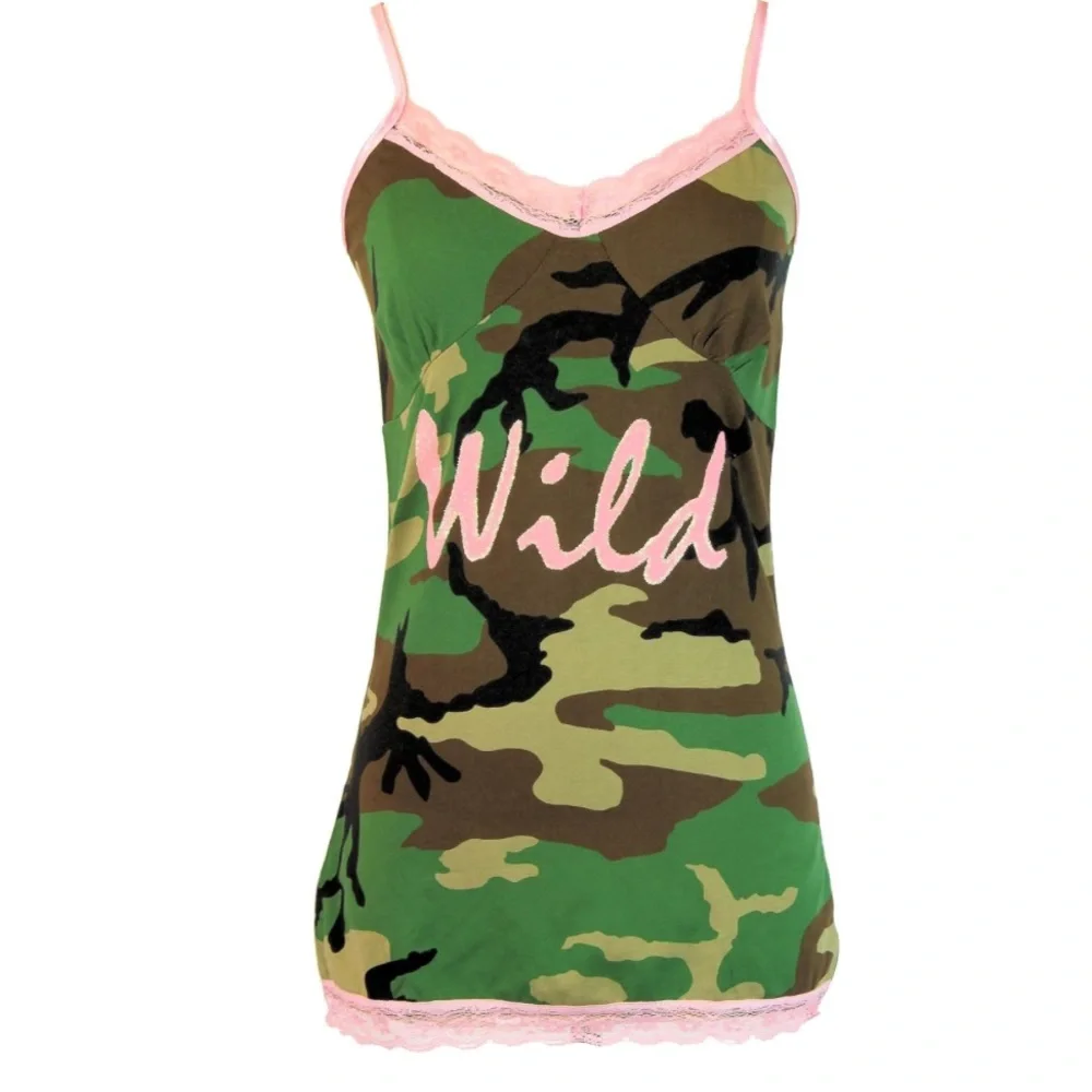 Modcloth Camo Wild Graphic Lace Trim Strappy Camisole Sleepwear Retro Tank XL - Picture 7 of 7